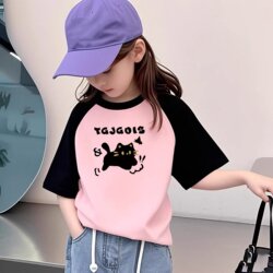 Girls' Pure Cotton Short-Sleeved T-Shirt, Summer Korean Style Loose Top, Stylish Cartoon Color-Blocking Student Base Shirt for Older Children
