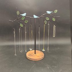 American Country-Style Wrought Iron Bird Desktop Jewelry Rack Necklace Storage Rack Vintage Craft Hand-Painted Creative Home Wooden Stand