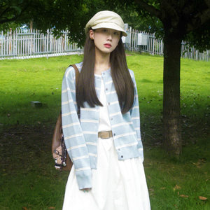
Milk blue striped color block sweater cardigan Korean style gentle style small soft baby blue sweater jacket for women