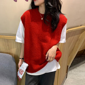 
Christmas red sweater vest for women New Year red fashionable waistcoat retro cherry red sleeveless knitted vest