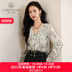 Jiarenyuan chiffon shirt for women in spring 2025 new V-neck ruffle ink printing chiffon shirt French retro