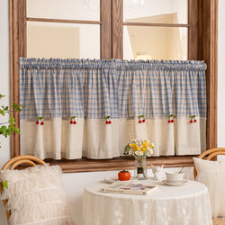 Cotton and Linen Pastoral Style Blue Plaid Half Curtain Door Curtain American-Style Bay Window Short Curtain No-Drill Coffee-Colored Blocking Curtain