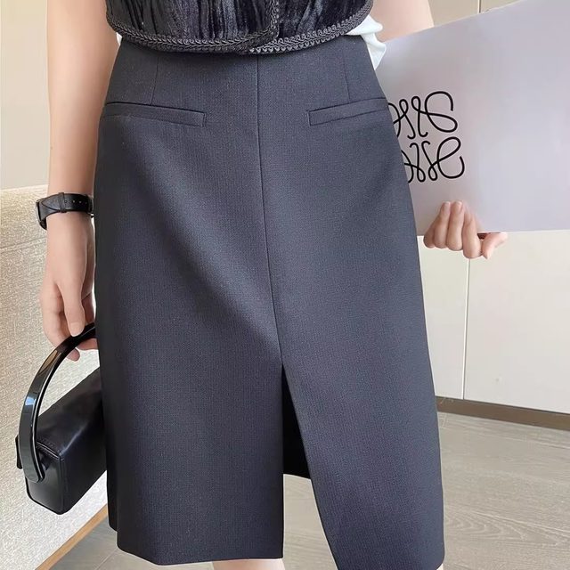Spring and summer suit front slit skirt extended midi skirt American retro high waist slim A-line skirt drooping women