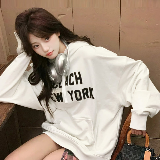 Chic port breeze letter white hooded sweater female autumn and winter plus velvet bf lazy wind niche tide ins jacket