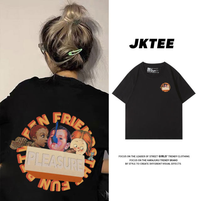 American retro cartoon black short-sleeved T-shirt for women ins trendy back print pure cotton half-sleeved niche round neck t-shirt
