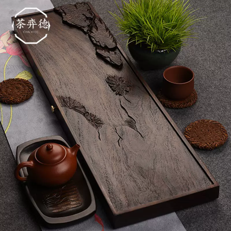 中国美術 唐木 茶盤 黒檀木全体の実木茶台茶盆 味わい 功夫茶茶具