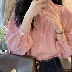 Authentic Gejia Women's Clothing 2026 Spring and Autumn New French Fresh and Sweet Shirt with Design Sense, Lantern Sleeves, Striped Shirt