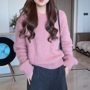 
2026 new style French gentle temperament loose casual pullover pink twist sweater LK2509471