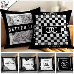 Ins Style Light Luxury Pillow Black and White Simple Velvet Cushion Sofa Living Room Guesthouse Lumbar Pillowcase Cushion Car Use