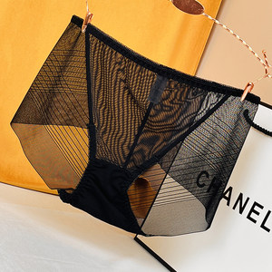 
Large size underwear for women French high-end sexy black lace pure sensual mesh gauze without trace mid-waist antibacterial 2025 new spring and summer