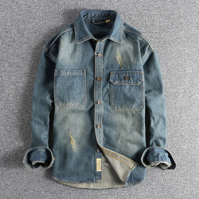 Sleeve patch splicing heavy wash old retro denim shirt men loose hard trendy youth shirt
