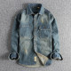 Sleeve patch splicing heavy wash old retro denim shirt men loose hard trendy youth shirt