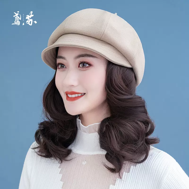 帽子假发一体时尚秋冬2023年新款贝雷帽短卷发女戴假发帽子可拆卸-Taobao