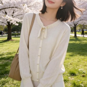 
French high-end spring new bow tie lace fake cardigan long-sleeved thin knitted top good-looking women's clothing