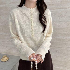 
European station French high-end wool white sweater women's heavy industrial sweater lace bottoming shirt women's popular tops for petty bourgeoisie