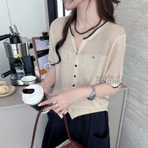 
Commuting style fine wool V-neck short-sleeved knitted cardigan for women 2026 new thin loose and versatile fashion top