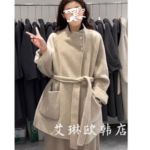 
Welfare 050 autumn and winter stand-up collar with belt mid-length 100 Australian superfine wool double-sided cashmere coat