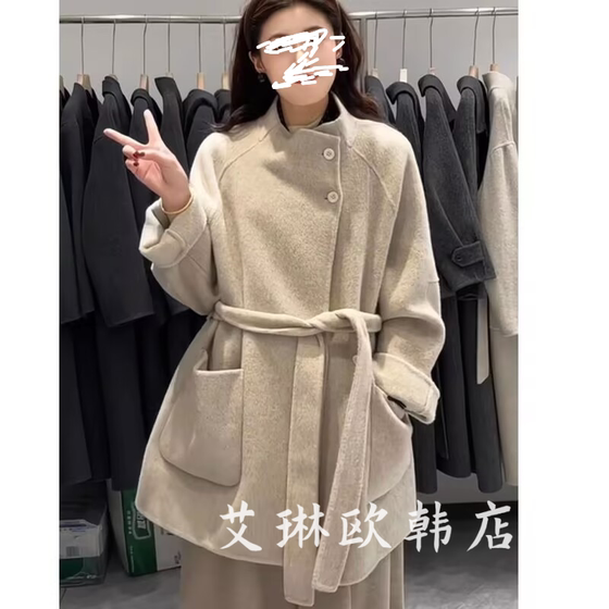 
Welfare 050 autumn and winter stand-up collar with belt mid-length 100 Australian superfine wool double-sided cashmere coat