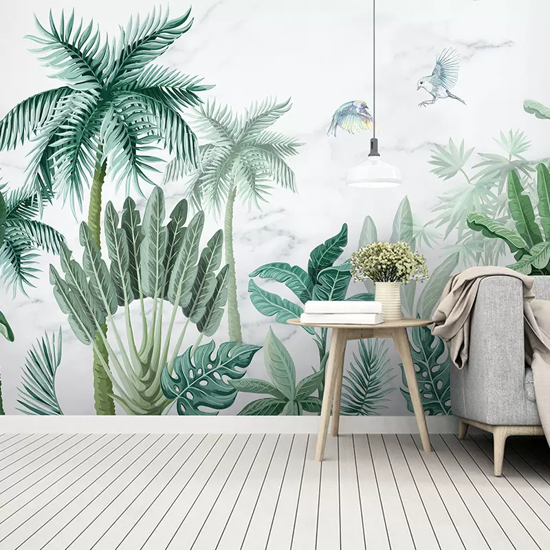 东南亚热带雨林植物墙纸绿色北欧叶网红ins风壁画电视背景墙