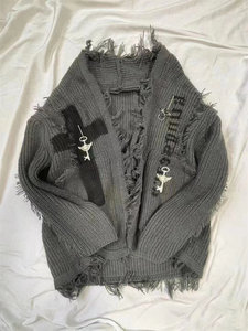 Dark subculture retro old cardigan sweater ripped male and female tear neutral punk mid-length knitted jacket
