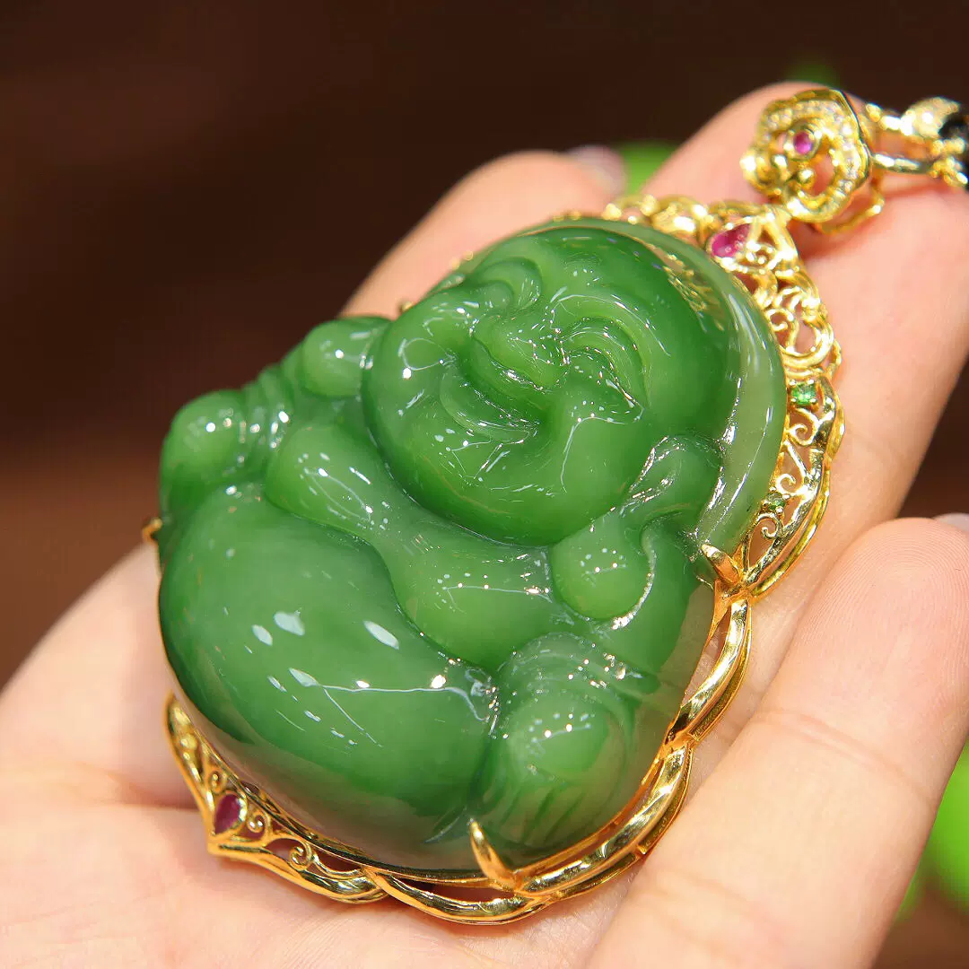清明礼物天然和田玉吊坠女 绿猫眼碧玉大笑佛镶嵌18k金挂件送妈妈