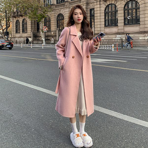 Pink double -sided velvet Women's 2024 autumn and winter new Korean version of the loose medium -long long -length lap coat
