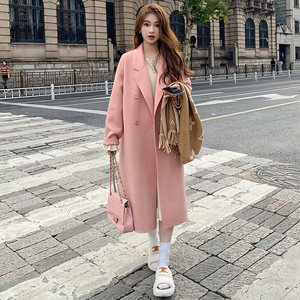 
Pink double-sided wool coat for women 2025 autumn and winter new Korean loose mid-length Hepburn style woolen coat