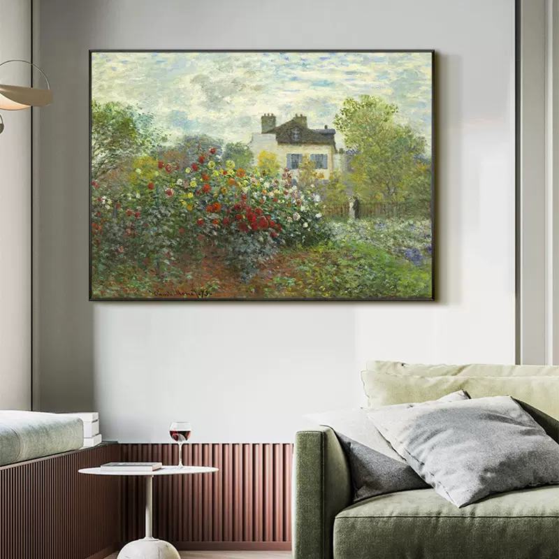 莫奈名画纯手绘油画玫瑰花园印象派风景客厅沙发背景墙轻奢