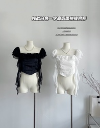 Homemade Xia Chunyu White One-shoulder Satin Stitching Shirt Women's Short Slim Fit Off-the-shoulder Niche Chic Top