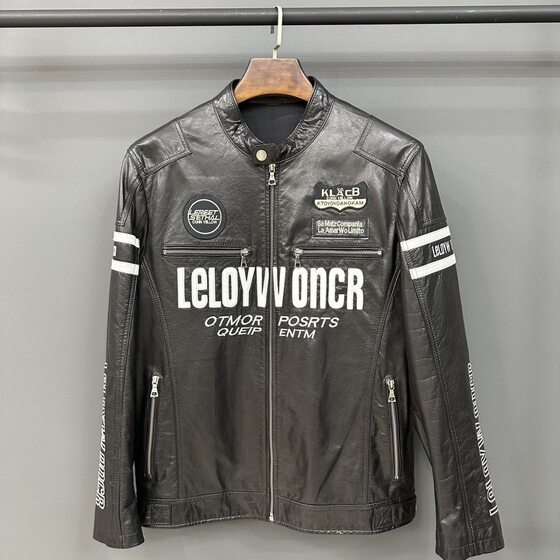 
Men's leather jacket new motorcycle jacket cowhide oil wax leather slim fit genuine leather armband embroidery motorcycle riding jacket trendy