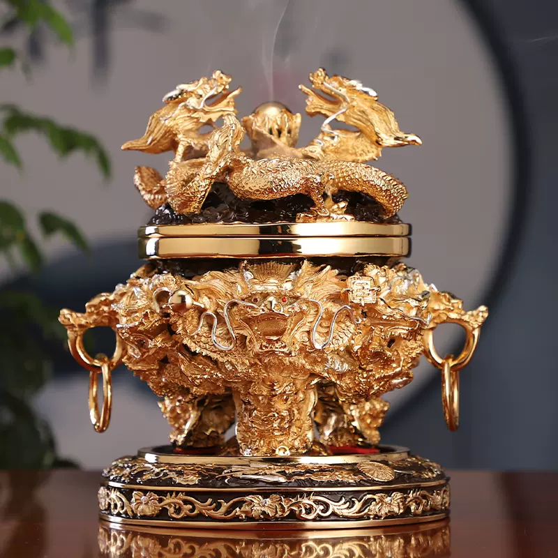 纯铜盘香炉家用檀香炉适用于居室净炉台湾盛凡鎏金九龙造型香炉