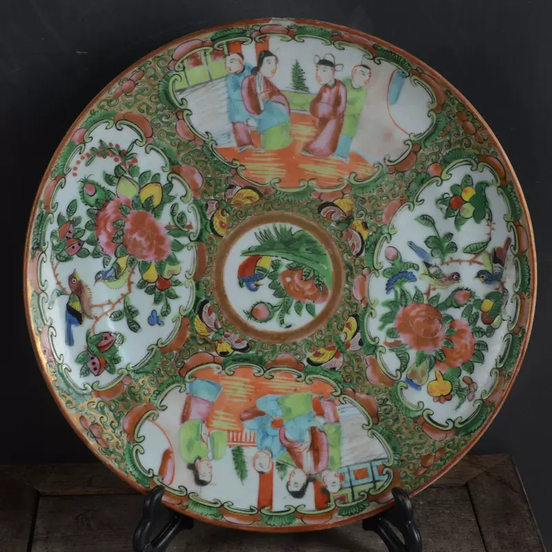 古玩古董老货瓷器广彩满工开窗人物花鸟纹盘子精品