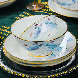 Ceramic Dinnerware Set Jingdezhen High-End 60-Piece Bone China Tableware Bowls and Plates for Home Use with Gold Rim Chinese Style