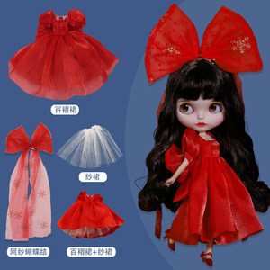 Icy DBS small cloth doll clothes red puffed evening dress big bow yarn skirt 19 joints OB24 baby clothes
