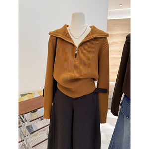 
Korean high-end lazy soft glutinous pit striped high-neck half-zip sweater for women loose pullover warm sweater