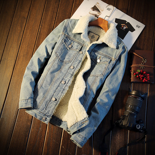 Autumn and winter new denim jacket for men, thickened and cashmere lamb ...