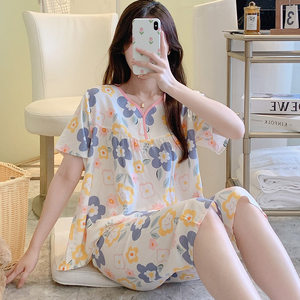 Korean version of sweet can wear cotton silk set short -sleeved cotton silk pajamas female summer mother model large size air -conditioning home service
