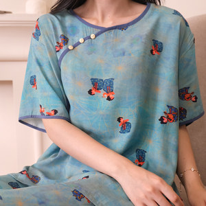 新中式印花睡衣女夏季棉绸短袖套装可外穿宽松家居服薄款国风大码
