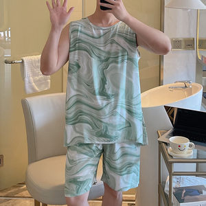 
Cotton silk vest shorts pajamas men's summer plus size cool new Chinese style home clothing set for outside