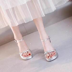 
2026 spring and summer new style waterproof platform ultra-high heels stiletto open toe buckle strap silver fashionable sandals