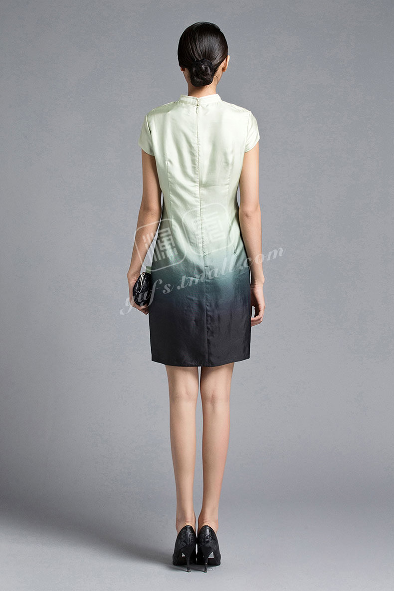 渔牌品牌女装100%桑蚕丝水墨印花真丝连衣裙女短袖复古旗袍裙短裙