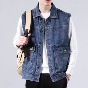 
Spring and autumn denim vest men's Japanese work wear-resistant sleeveless waistcoat slim youth vest vest top clothes