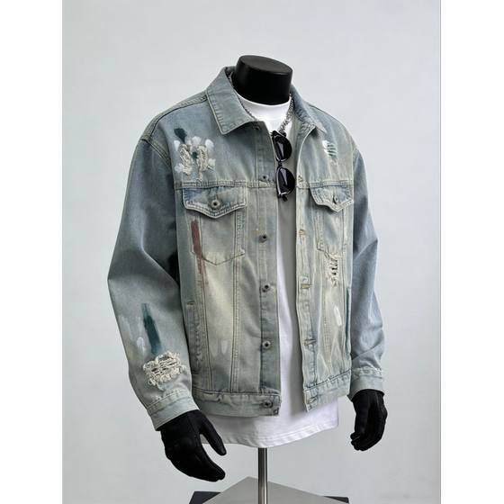 
American retro washed high street denim jackets for men and women, cleanfit ripped trendy denim jackets for men and women