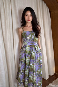 
[Water Lily Pool] Like fog and dream Monet oil painting suspender dress summer high waist retro vacation style niche