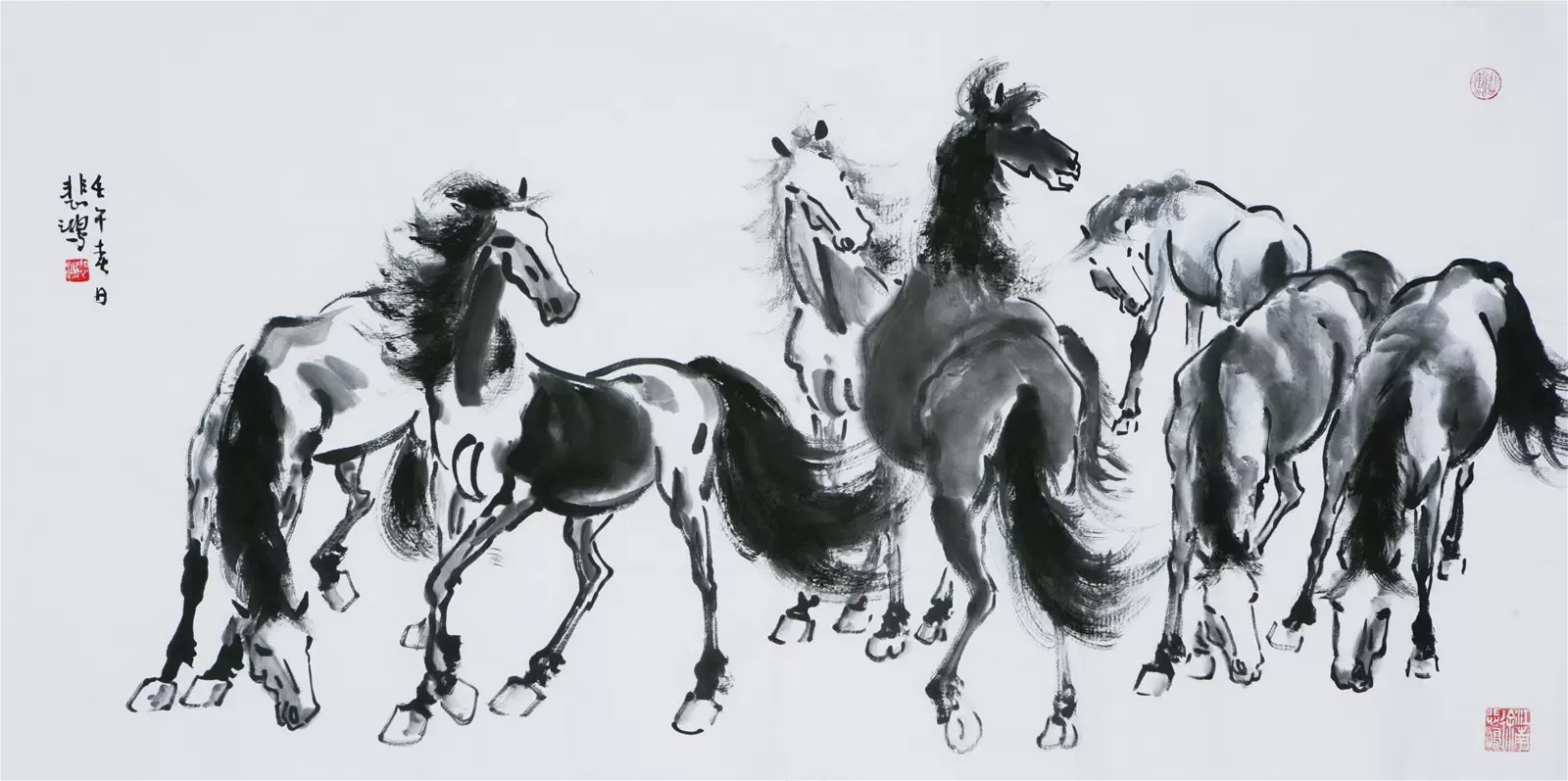 中国美術品・名家手描き駿馬彩畫4條塀掛軸・水彩畫・徐悲鴻印款・