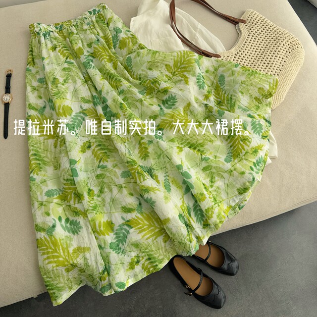 Green. Exclusively dyed natural 100 pieces of ramie fermented A-line mid-length skirt made of large skirt
