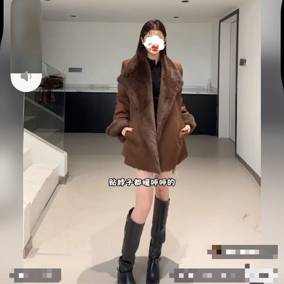 
Premium lapel suede fur one-piece mid-length coat for women 2025 winter new style lace-up waist thickened windbreaker