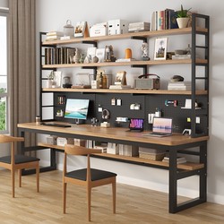 Solid Wood Double Desk with Integrated Bookshelf, Wall-Mounted Computer Desktop Table, Home Writing Desk with Pegboard, Student Study Desk