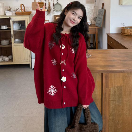 Plus size women's clothing 2025 autumn and winter new style fat sister sweet soft waxy style jacquard loose slimming cardigan sweater jacket