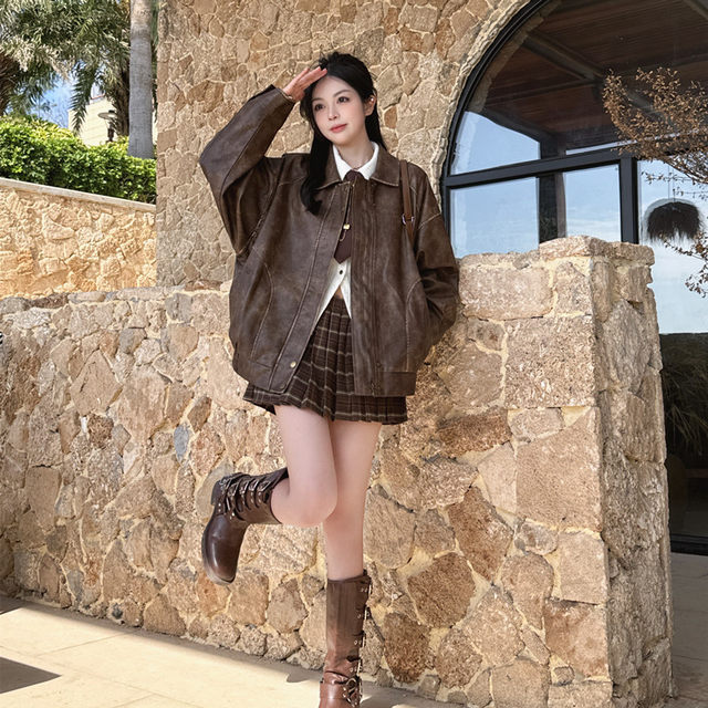 Retro rubbed old brown leather jacket for women Spring and Autumn 2024 ...